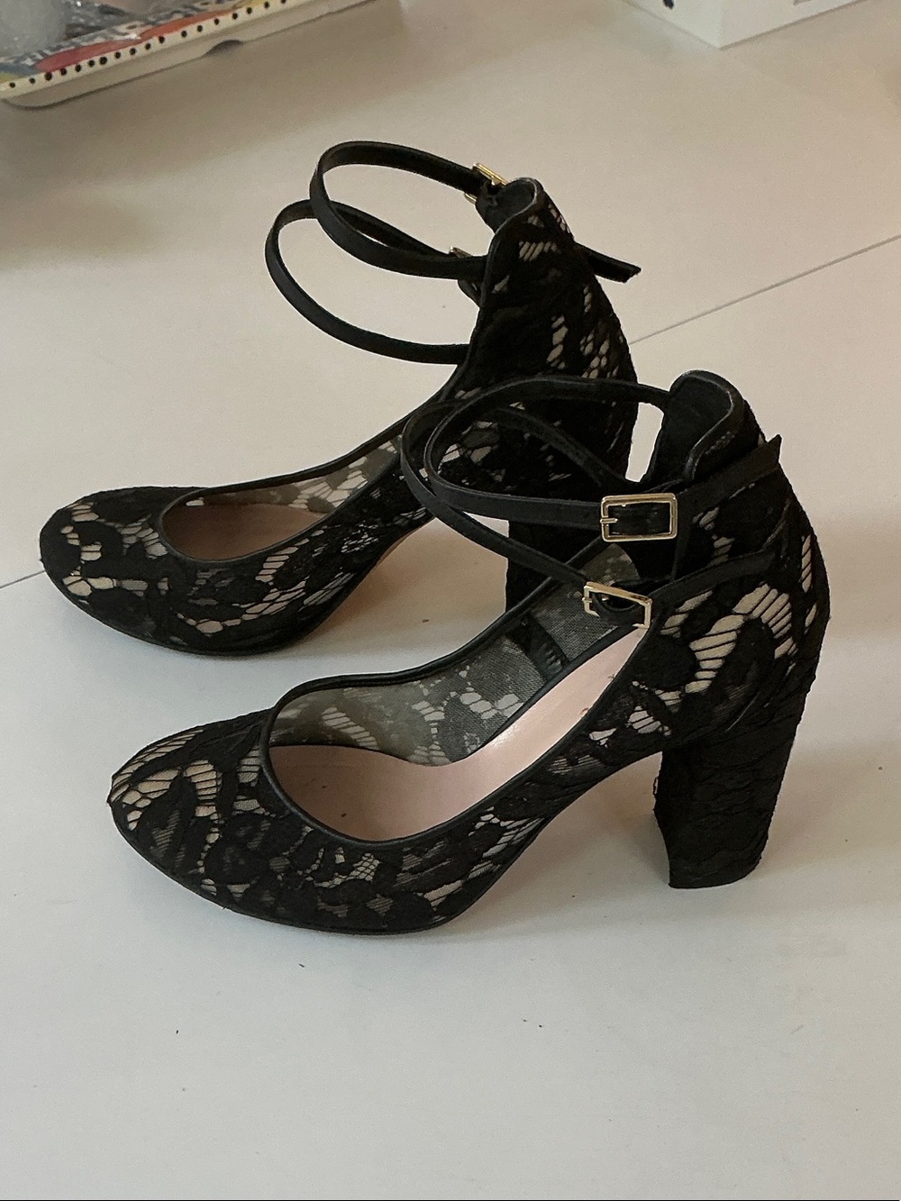 kate spade Black Lace Double-Ankle Block Heel Pumps
